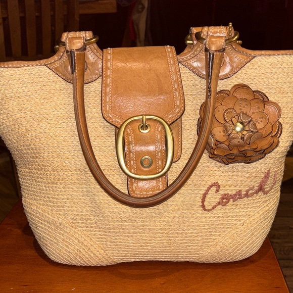 Coach Handbags - Coach Bleecker Floral Natural Straw And Leather Tote Bag, Rare